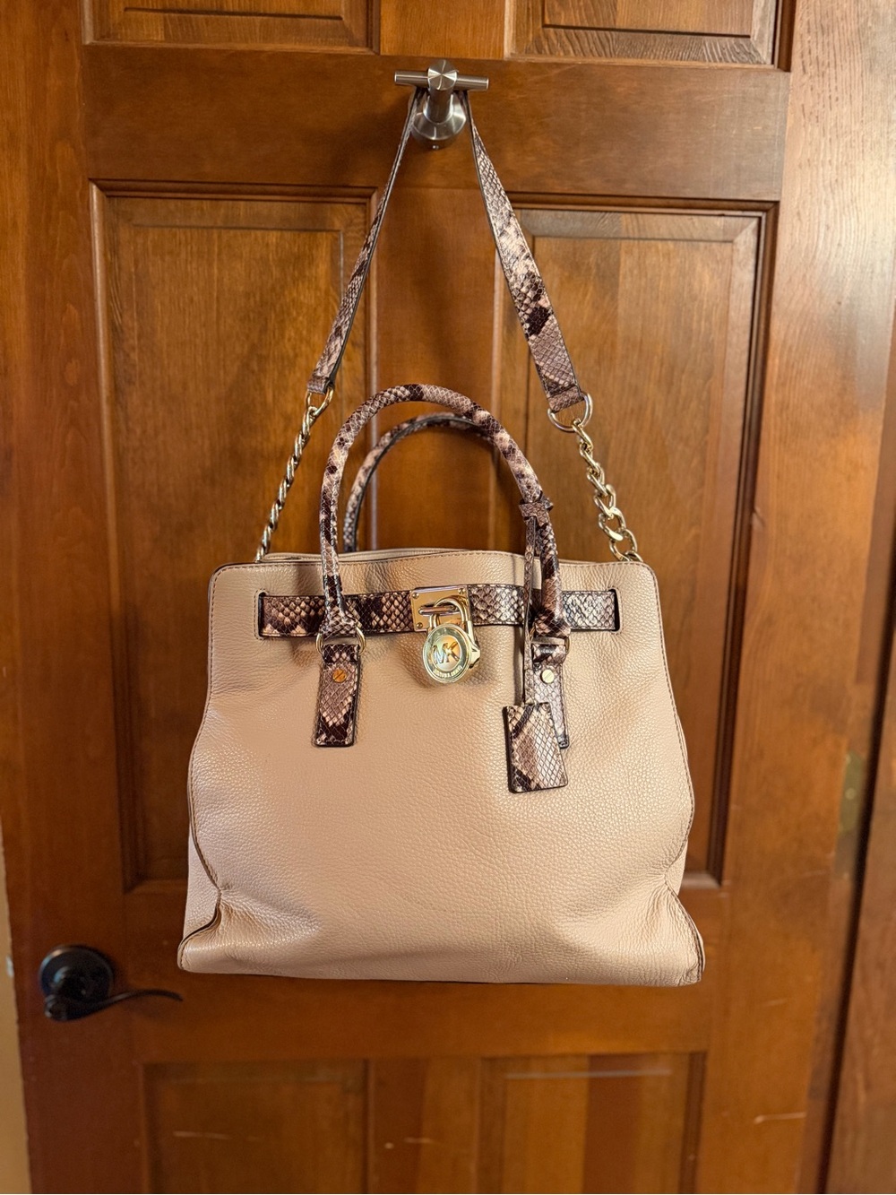 Michael Kors Cream Hamilton Satchel with Snake-Print Trim Gold Lock